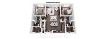 A 3D floor plan of a house with a kitchen, living room, and two bedrooms.