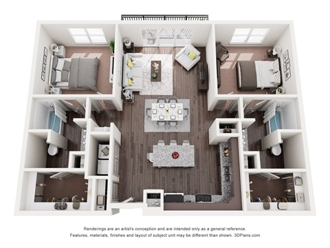 A 3D floor plan of a house with a kitchen, living room, and two bedrooms.