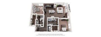 A 3D floor plan of a house with a kitchen, living room, and two bedrooms.