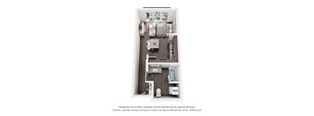 A 3D floor plan of a small apartment with a kitchen, living room, and bathroom.