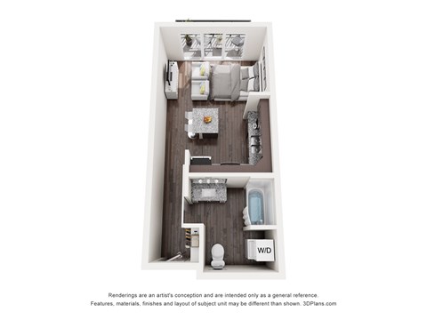 A 3D floor plan of a small apartment with a kitchen, living room, and bathroom.