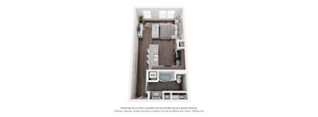 A floor plan of a small apartment with a kitchen, living room, and bathroom.