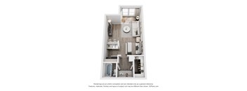 A 3D floor plan of a small apartment with a kitchen, living room, and bathroom.