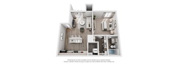 A 3D floor plan of a house with a kitchen, living room, and bathroom.