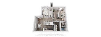 A 3D floor plan of a house with a kitchen, living room, and bathrooms.