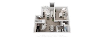 A 3D floor plan of a house with a kitchen, living room, and bathrooms.