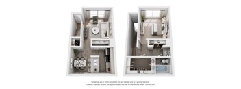 Two images of a small apartment layout with a kitchen, living room, and bathroom.