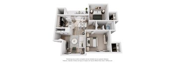A 3D floor plan of a house with a kitchen, living room, and bedrooms.