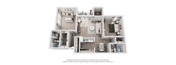 A 3D floor plan of a house with a kitchen, living room, and two bedrooms.