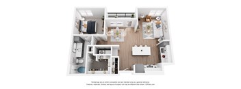 A 3D floor plan of a house with a kitchen, living room, and two bedrooms.