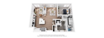 A top-down view of a well-organized kitchen and living room area.
