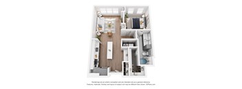 A 3D floor plan of a small apartment with a kitchen, living room, and bathroom.