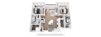 A 3D floor plan of a small apartment with a kitchen, living room, and bedrooms.