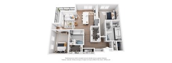 A 3D floor plan of a small apartment with a kitchen, living room, and bedroom.