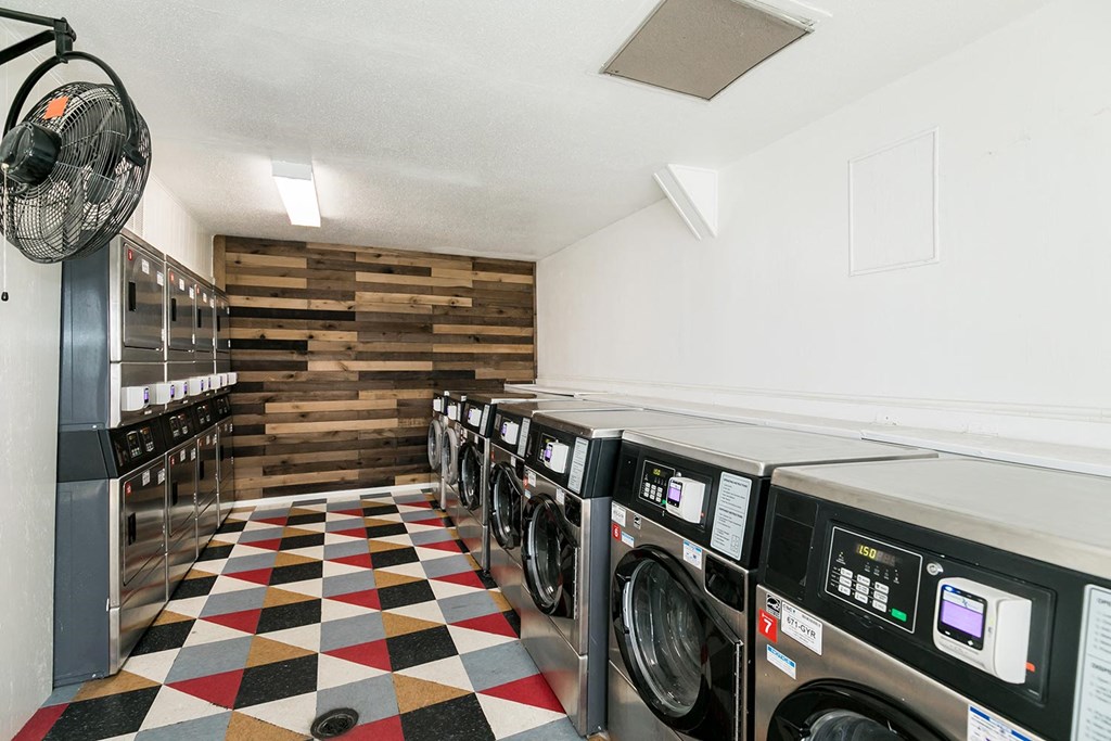 a laundromat with a checkered floor