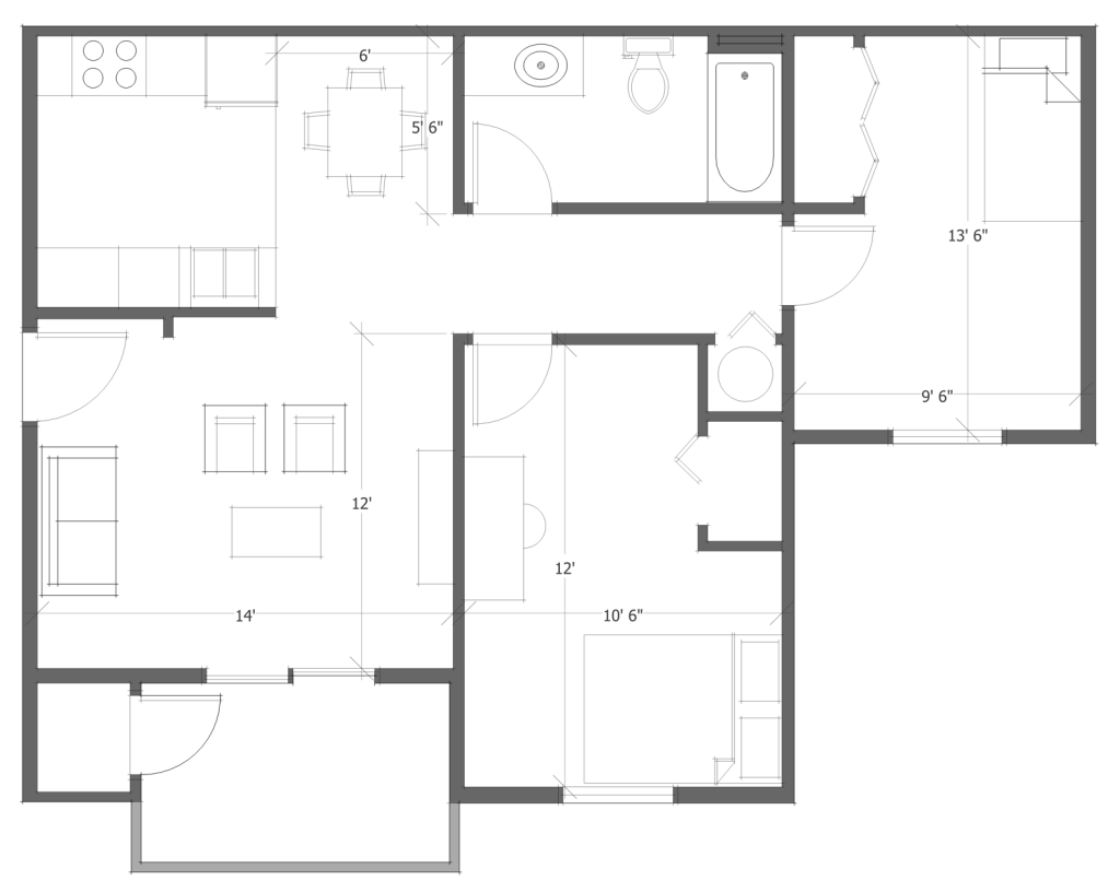 2 Bed 1 Bath Floor Plan 1