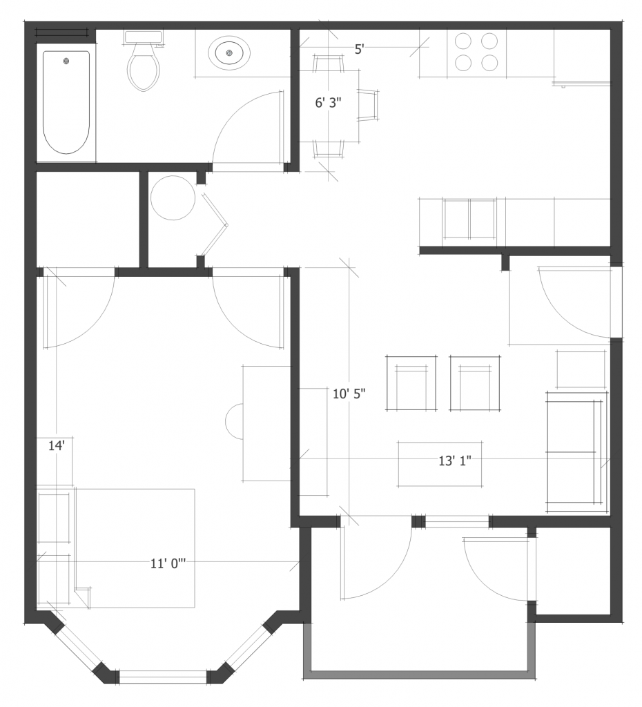1 Bed 1 Bath Floor Plan 1
