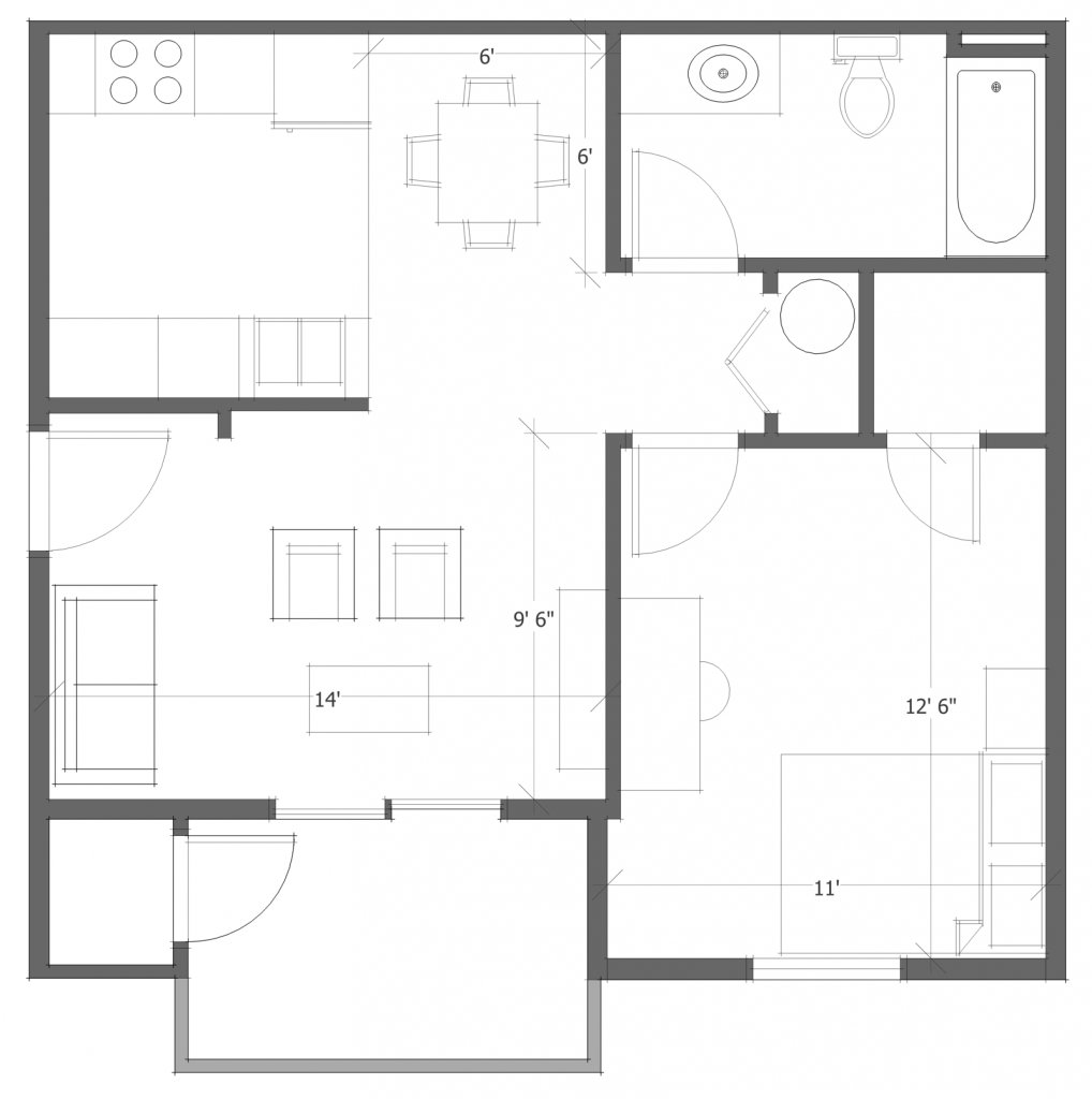 1 Bed 1 Bath Floor Plan 3