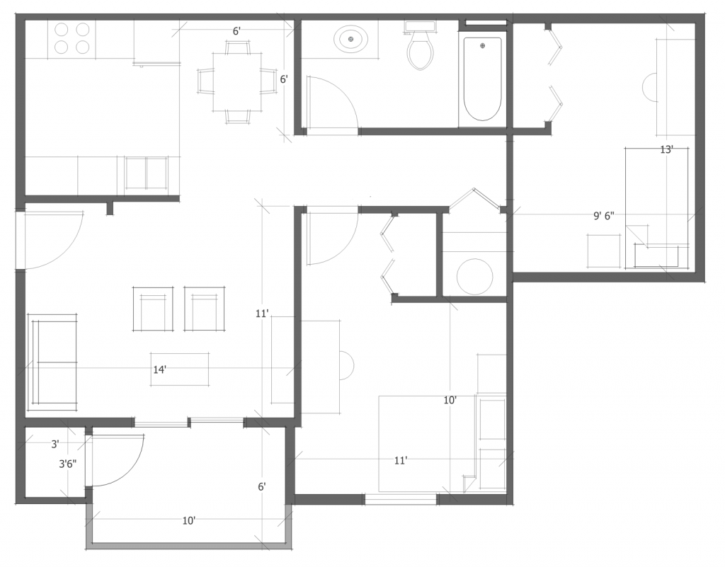 2 Bed 1 Bath Floor Plan 4