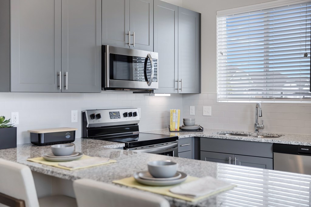 Stainless steel appliances and granite countertops at Avilla Oakridge in Forney, TX.