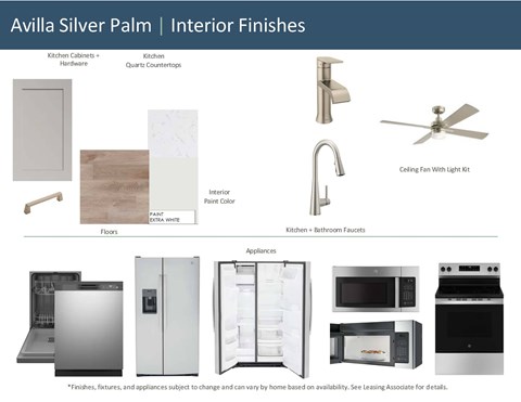 A slide showcasing Avilla Silver Palm interior finishes with images of kitchen cabinets, floors, appliances, and more.