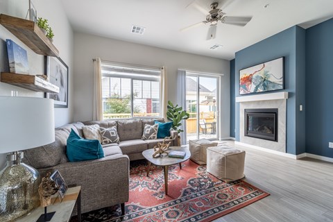 A living room with a grey couch and a red rug.