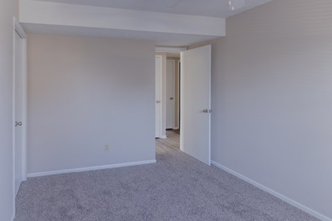 a bedroom with a carpet and a door to a hallway