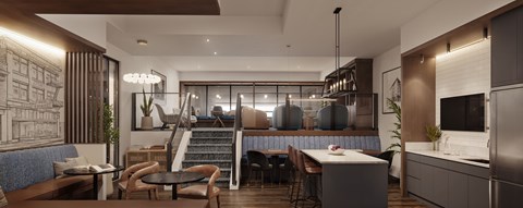 A modern kitchen with a dining table and chairs.