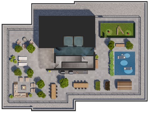 A top-down view of a rooftop area with fire pit, lounge, grills, dining table, sauna, yoga platform, and dog park.