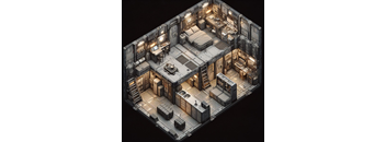 A detailed 3D model of a futuristic room with furniture and lighting.