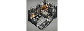 A detailed 3D rendering of a futuristic, metallic room with a bed, desk, and chair.