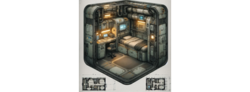 A detailed drawing of a futuristic room with a bed, desk, and various other elements.