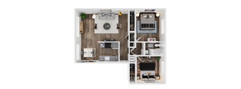 A top-down view of a living room, kitchen, and dining area.