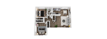 A top-down view of a living room, kitchen, and dining area.