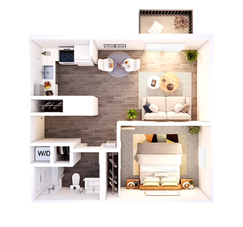 A top-down view of a cozy living room with a fireplace and a couch.