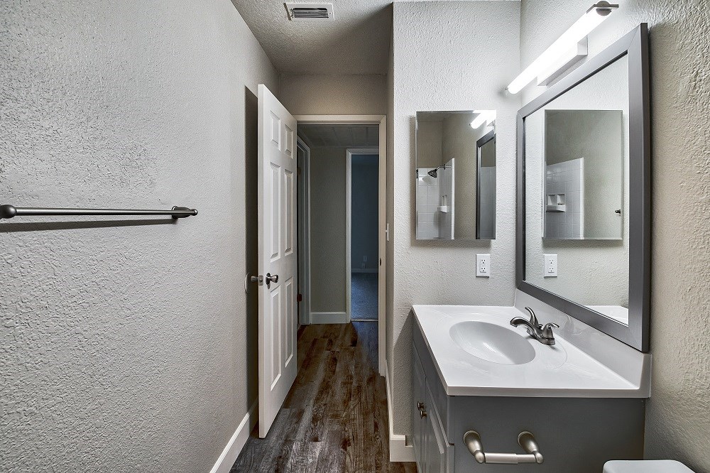 a bathroom with a sink and a mirror