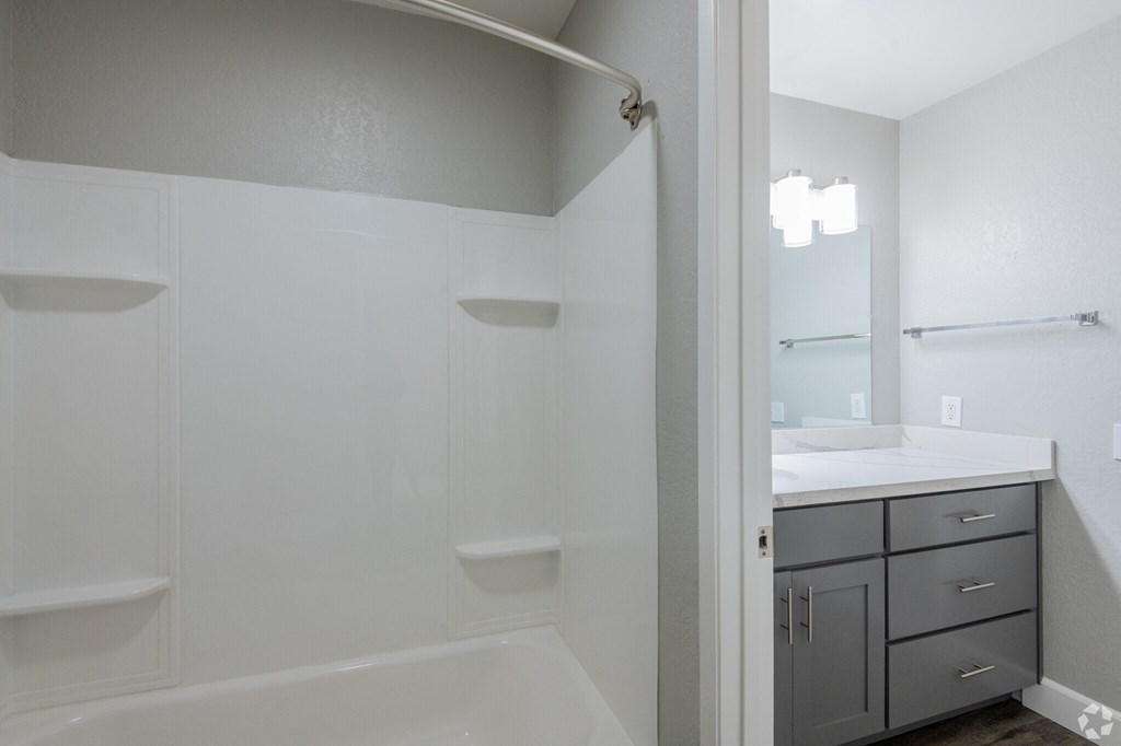 a bathroom with a shower and a sink and a mirror