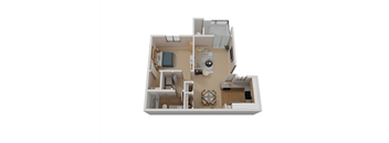 a stylized floor plan with a bedroom and living room