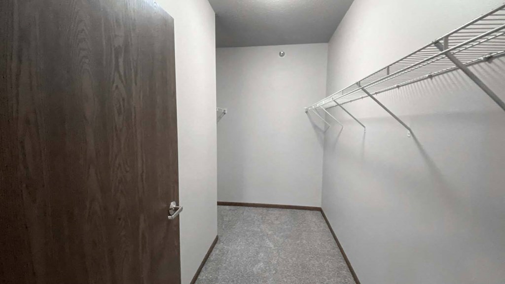Walk-in closet in the master bedroom at Amber Crossing with shelves and carpet flooring