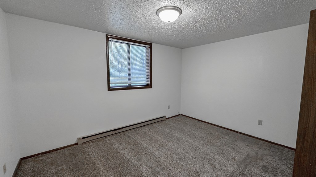 the living room of an empty house with carpet and a window