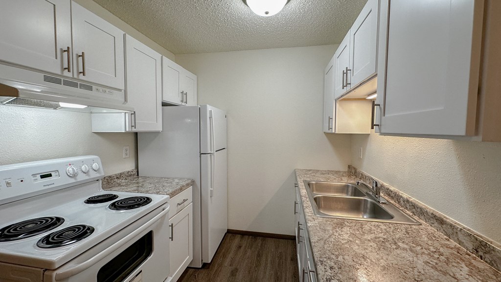 the preserve at ballantyne commons apartment kitchen with stove sink and refrigerator