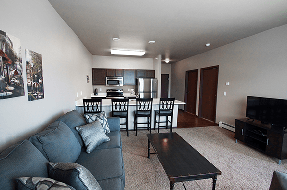 a living room and kitchen with a couch and a table