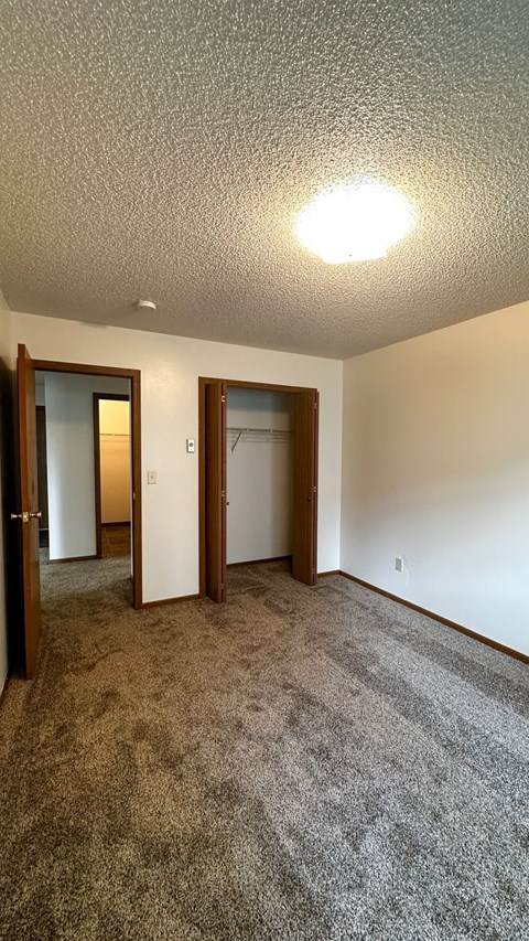 a living room with carpet and a door to a closet