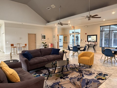 A living room with a brown couch, a yellow chair, and a rug with a floral pattern.