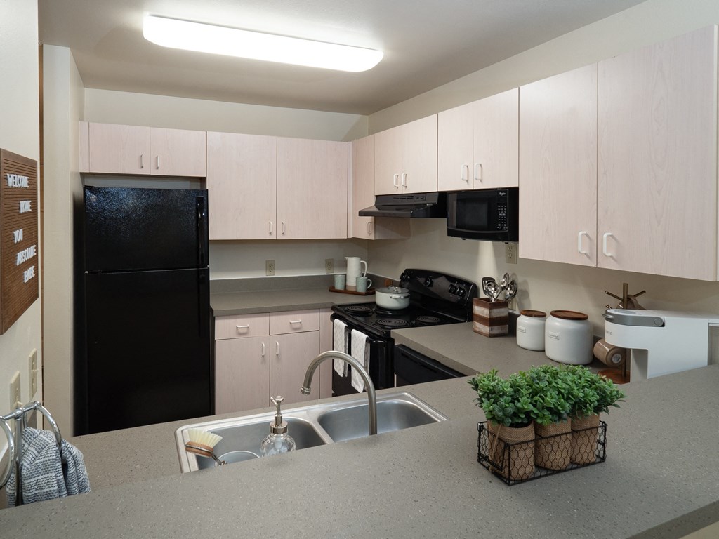 a kitchen with white cabinets and black appliances and a sink at Stoneridge Apartments, Gainesville, FL