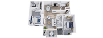 A top-down view of a house layout with multiple rooms and furniture.