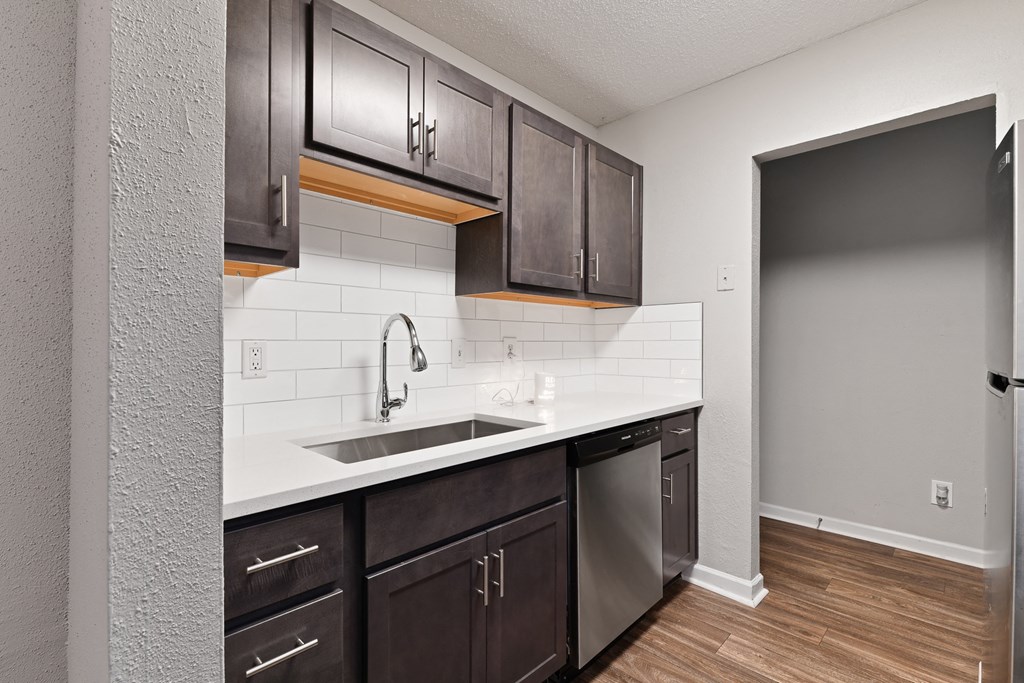 a kitchen with dark cabinets and a stainless steel dishwasher at Premier Apartments, Georgia