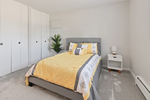 Large master bedroom with plenty of closet space and large window for natural light at Aspen Ridge Apartments in West Chicago Illinois 60185