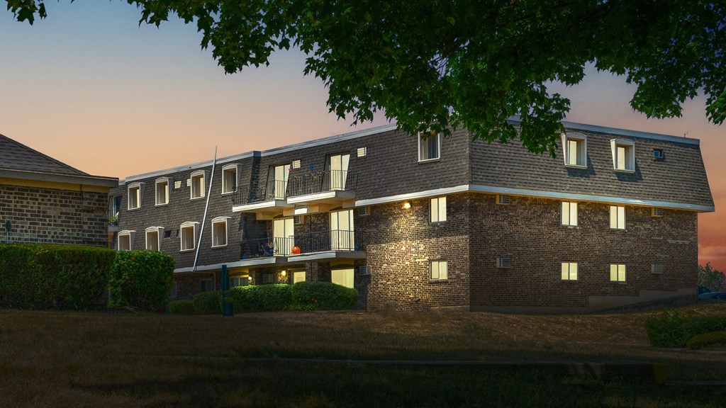 Exterior twilight view at Aspen Ridge Apartments in West Chicago Illinois 60185