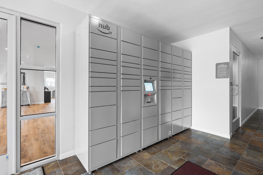 A row of cubicles with a sign that says "nub" on it.